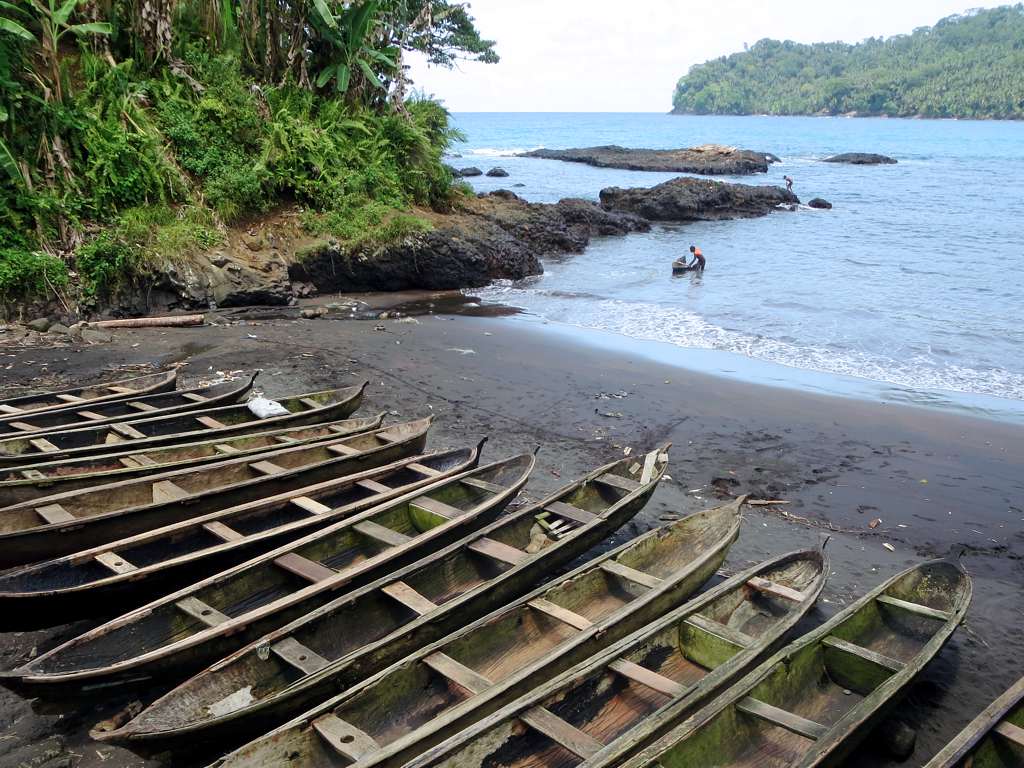 Dugout canoes are hauled out at Praia Sao Joao de Angolares on the southeast side of Sao Tome Island